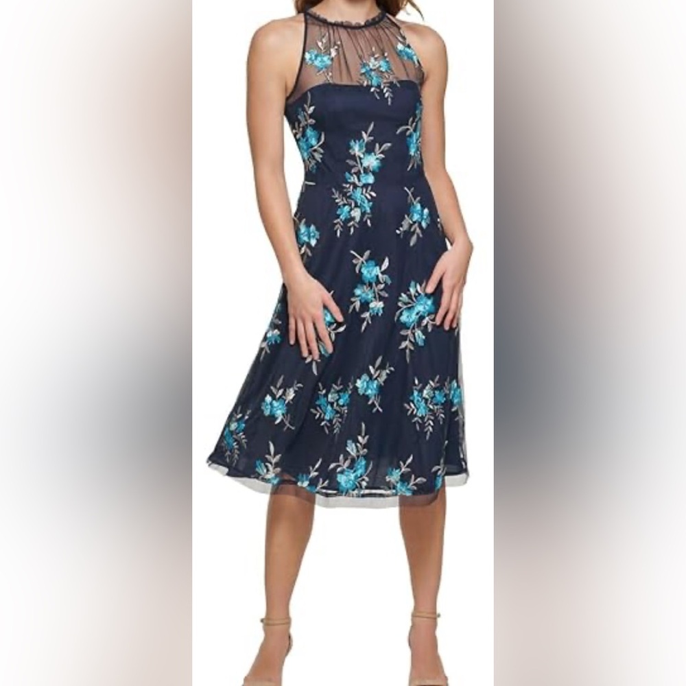 New - Vince Camuto Floral Mesh Knee Length Embroidered Dress